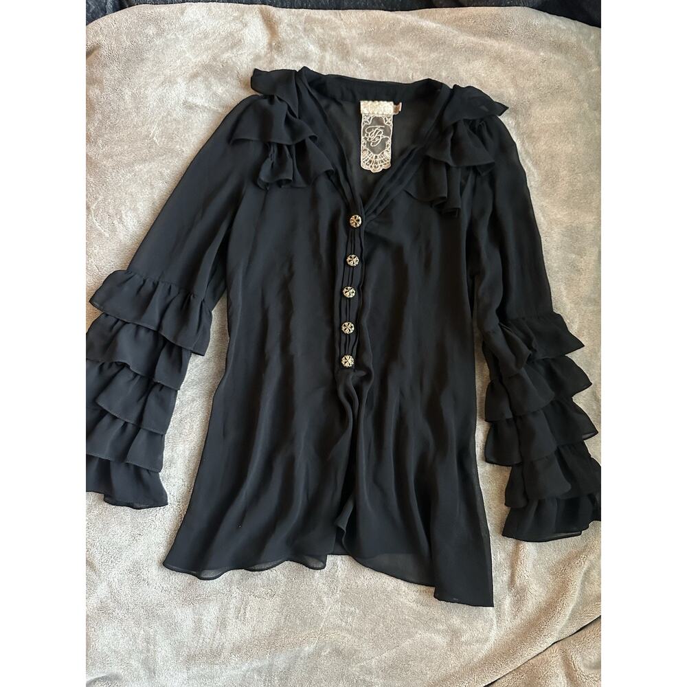 VTG Y2K Twelve by Twelve Black Sheer Ruffle Long Sleeve Blouse Gold Button Goth